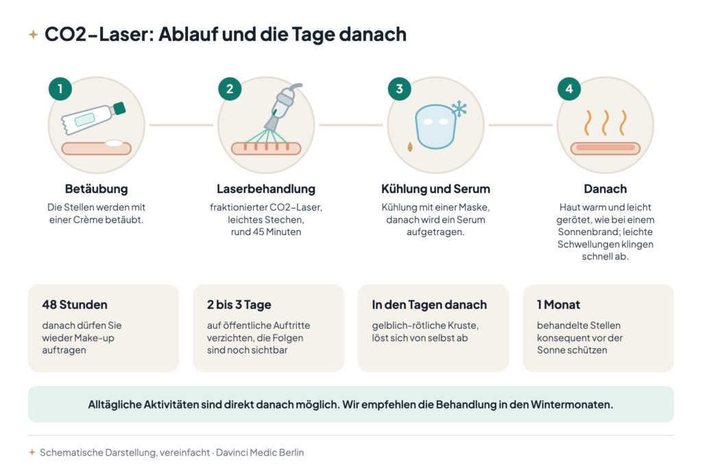 Gesichtsverjüngung mit CO2-Laser: Ablauf mit Betäubungscreme, Laserbehandlung, Kühlmaske und Serum, danach 48 Stunden bis Make-up, 2 bis 3 Tage sichtbare Folgen, 1 Monat Sonnenschutz