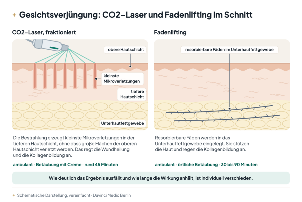 Gesichtsverjüngung in Berlin im Hautschnitt: fraktionierter CO2-Laser mit Mikroverletzungen in der tieferen Hautschicht, Fadenlifting mit Fäden im Unterhautfett